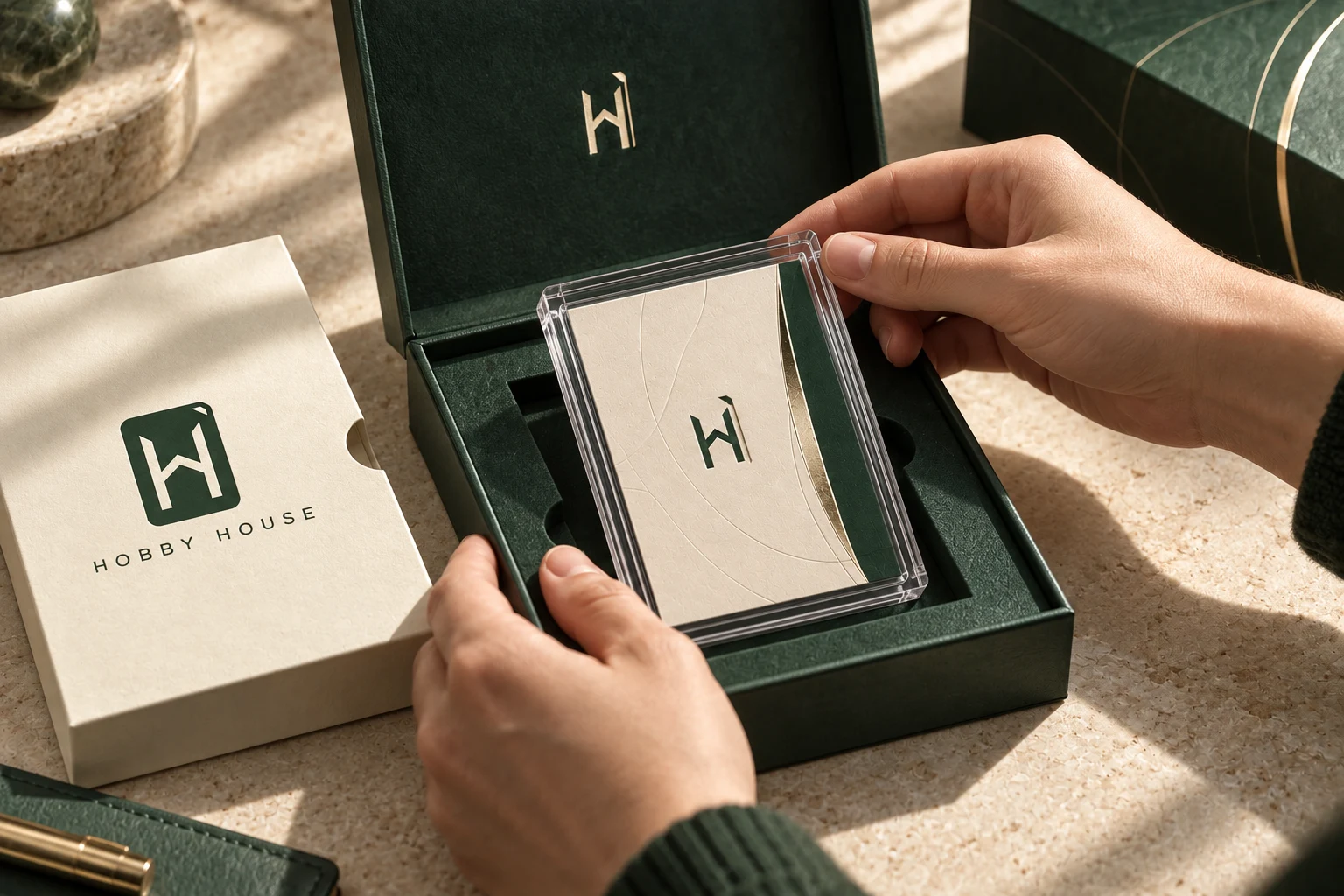 A collector carefully placing a protected card in a Hobby House presentation case