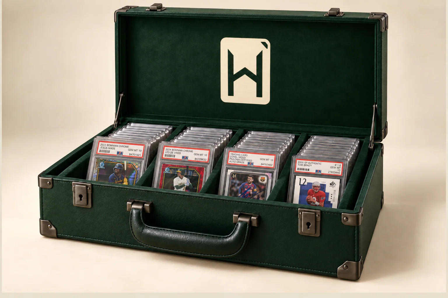Hobby House case concept with a cream emblem and four featured cards inside: Jesús Made, Leo De Vries, Lionel Messi and Tom Brady